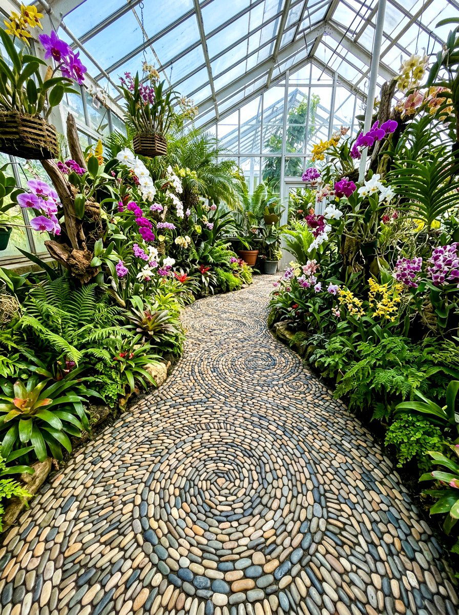 Mosaic Pebble Greenhouse Path - 30 greenhouse walkway ideas