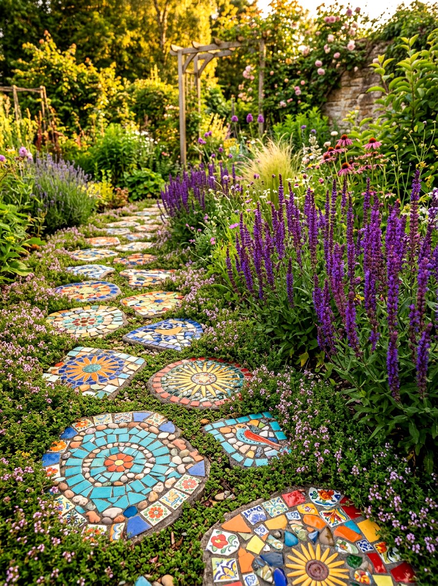 Mosaic Stepping Stones - 30 colorful garden decor ideas