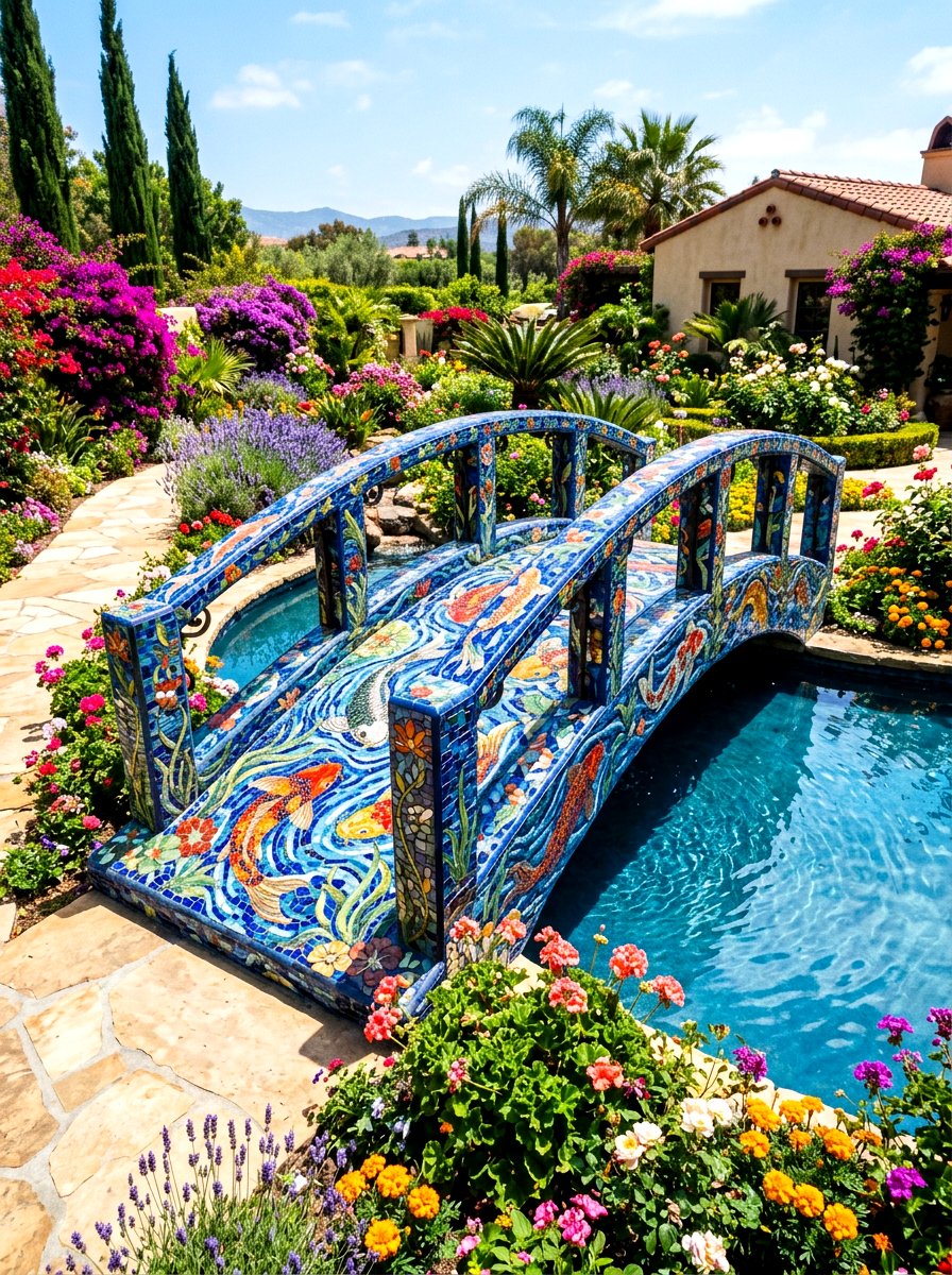 Mosaic Tile Bridge - 30 pond bridge ideas