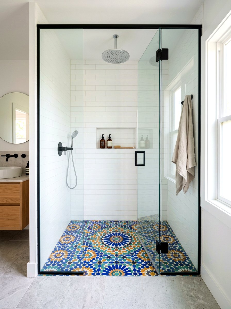 Mosaic Tile Floor Detail - 30 rain shower bathroom ideas