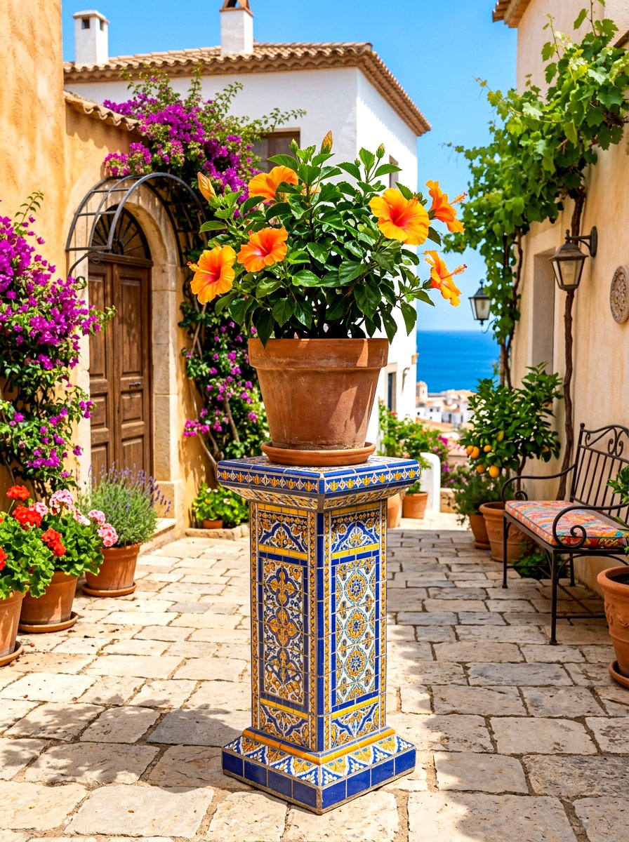 Mosaic Tiled Plant Pedestal - 30 container garden stand ideas
