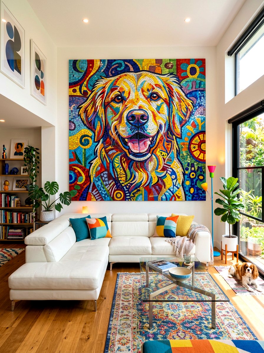 Mosaic background pet portrait art - 30 pet portrait wall ideas