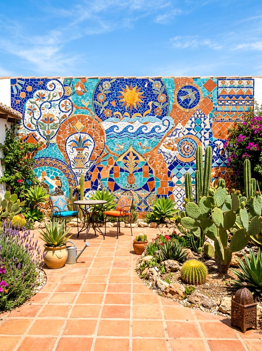 Mosaic garden wall - 30 walled garden backyard ideas