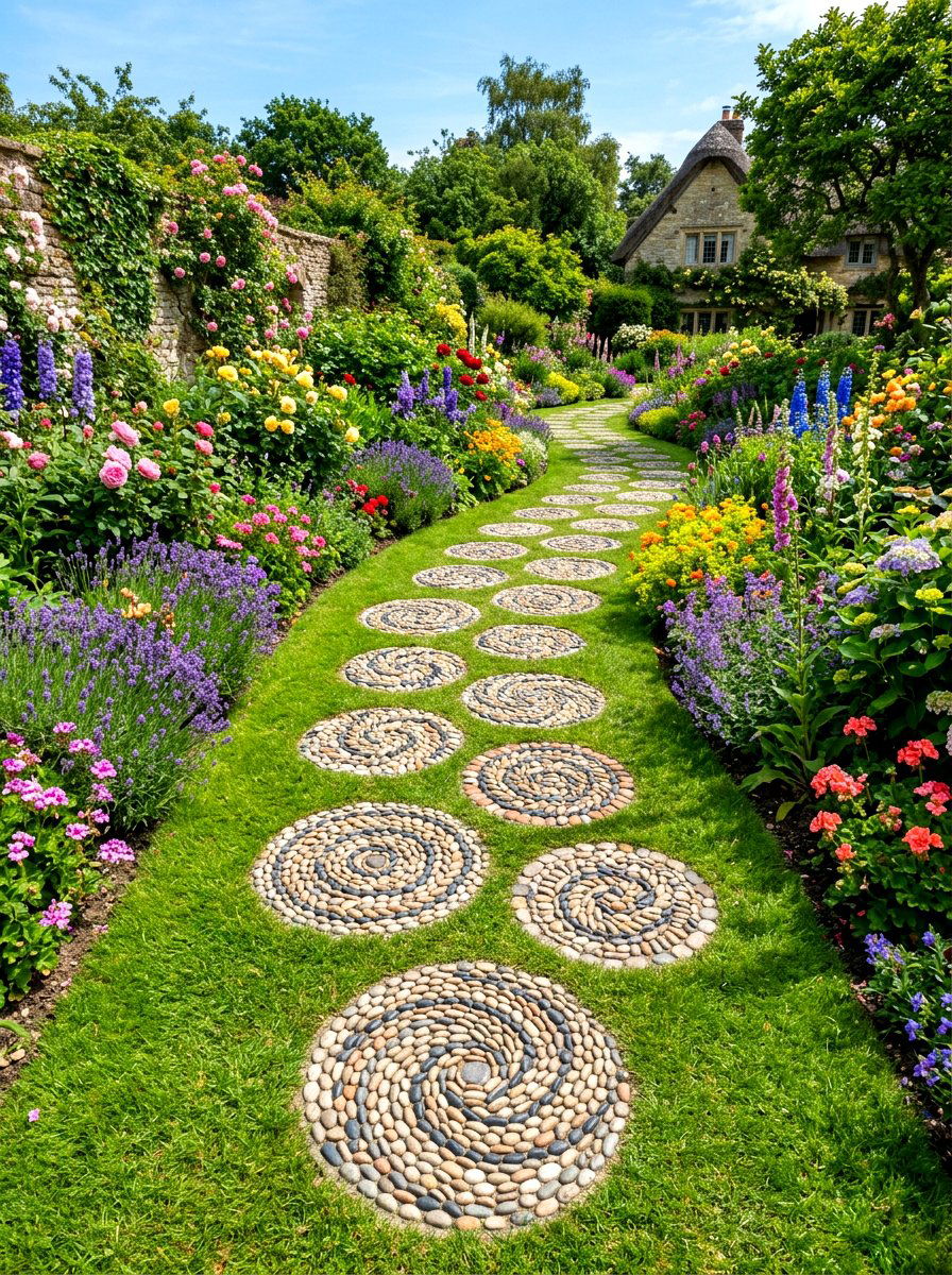 Mosaic pebble garden path - 30 stepping stones through grass ideas