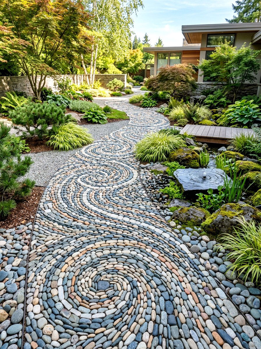 Mosaic stone walkway - 30 narrow side yard path ideas