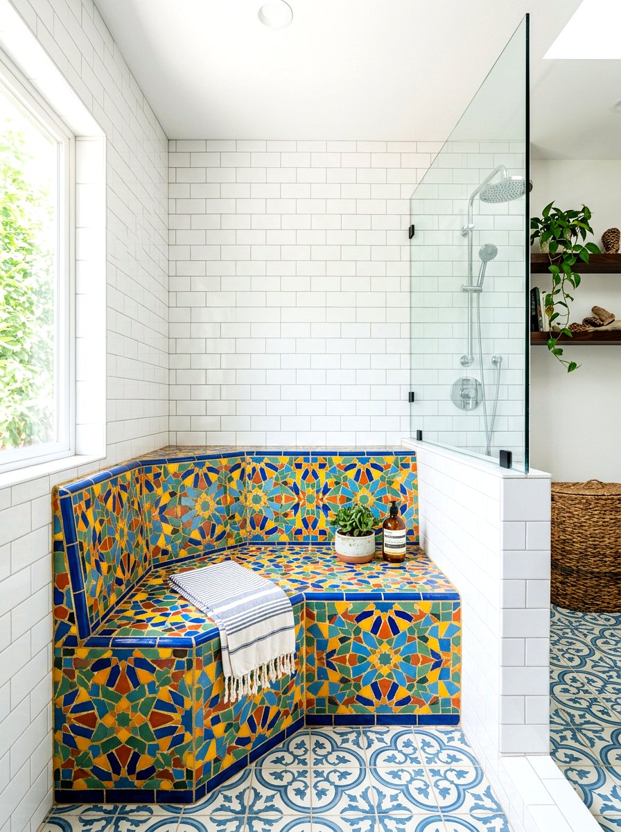 Mosaic tile corner bench - 30 shower bench ideas
