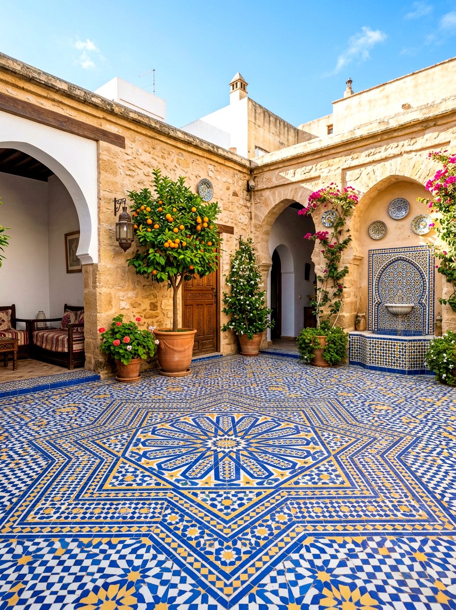 Mosaic tile courtyard - 30 Mediterranean front courtyard ideas