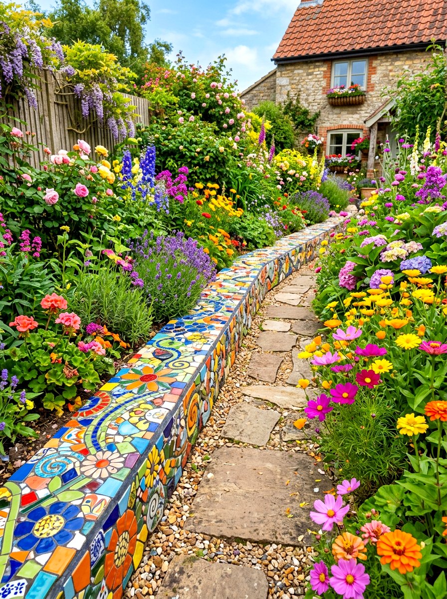 Mosaic tile edge - 30 garden edging ideas