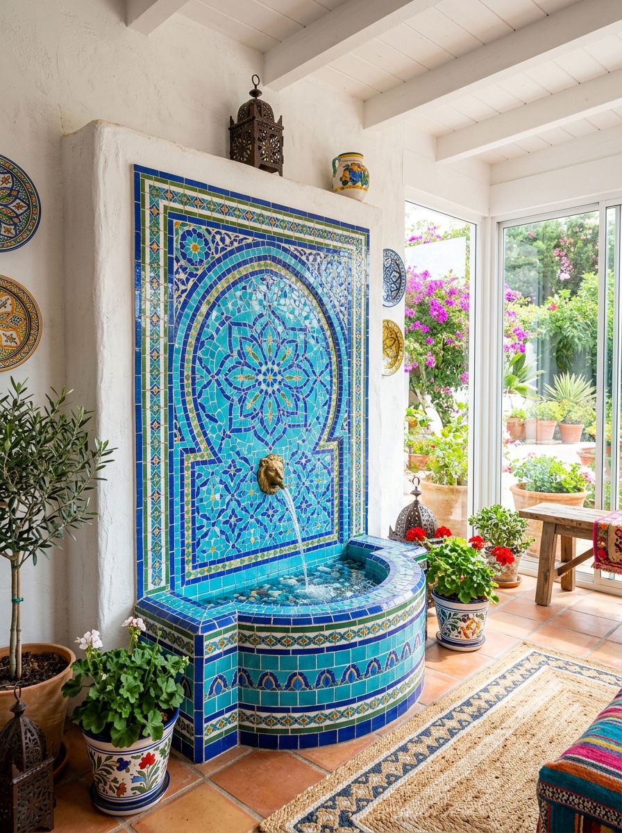 Mosaic tile wall fountain - 30 wall fountain ideas