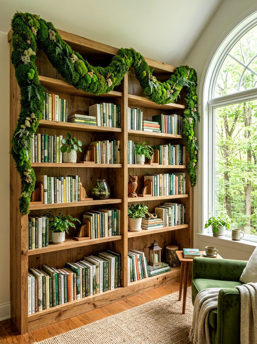 Moss Bookshelf Garland - 30 bookshelf garland ideas