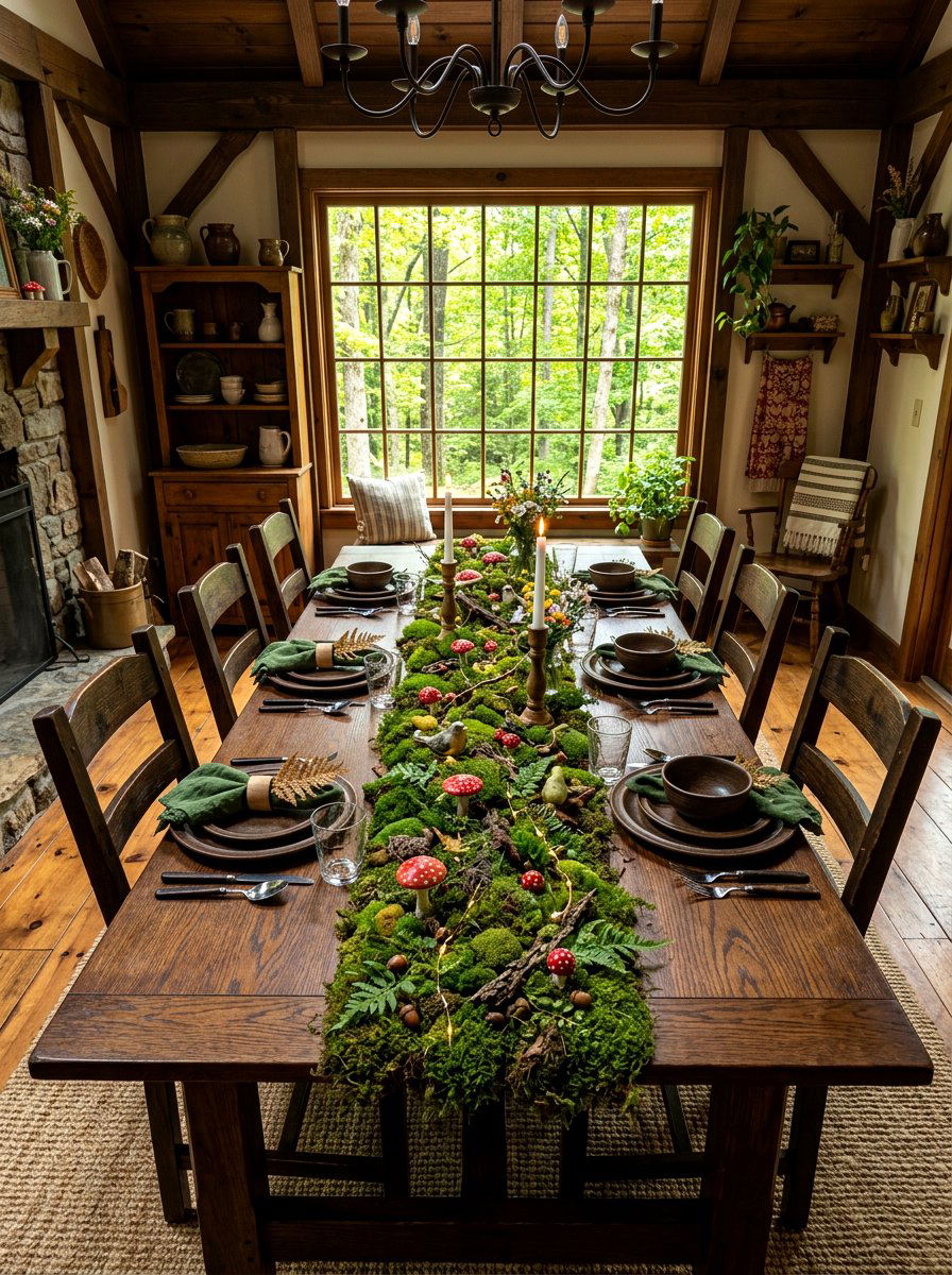 Moss Runner Forest Tablescape - 30 layered tablescape dining ideas