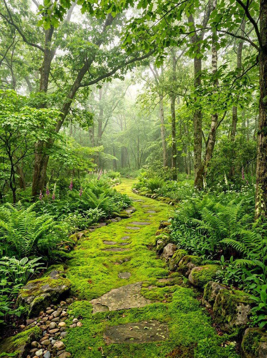 Moss Walkway - 30 woodland backyard landscaping ideas