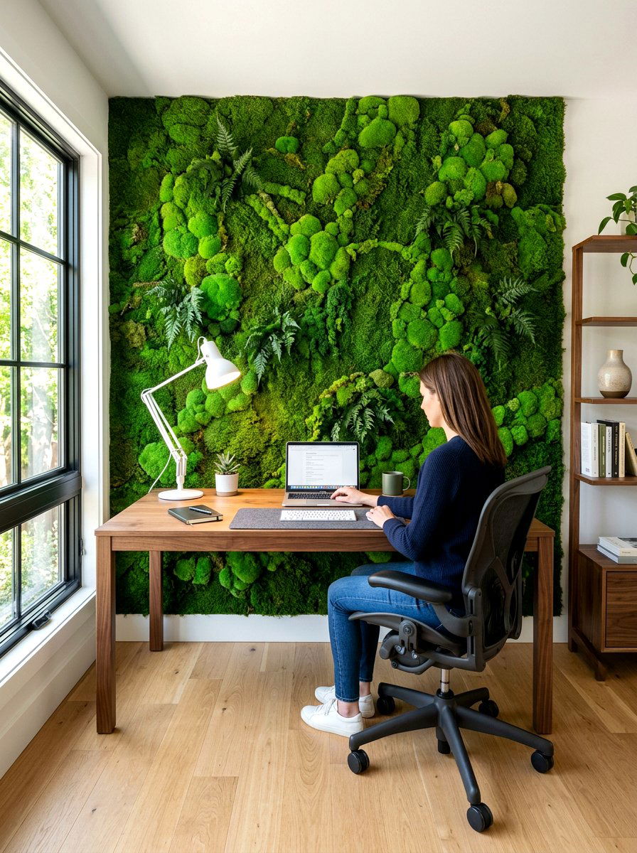 Moss Wall Home Office - 30 biophilic interior design ideas