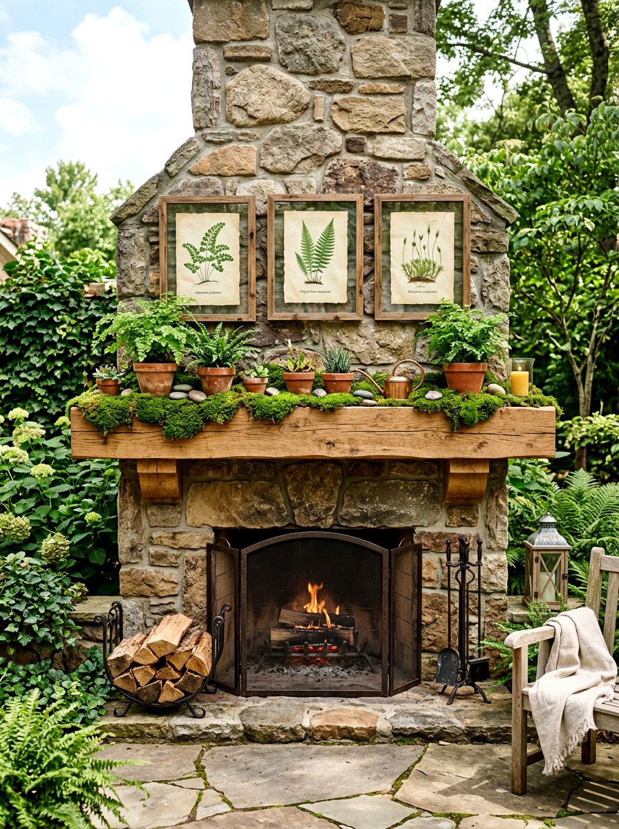 Moss and botanical mantel - 30 spring mantel decor ideas