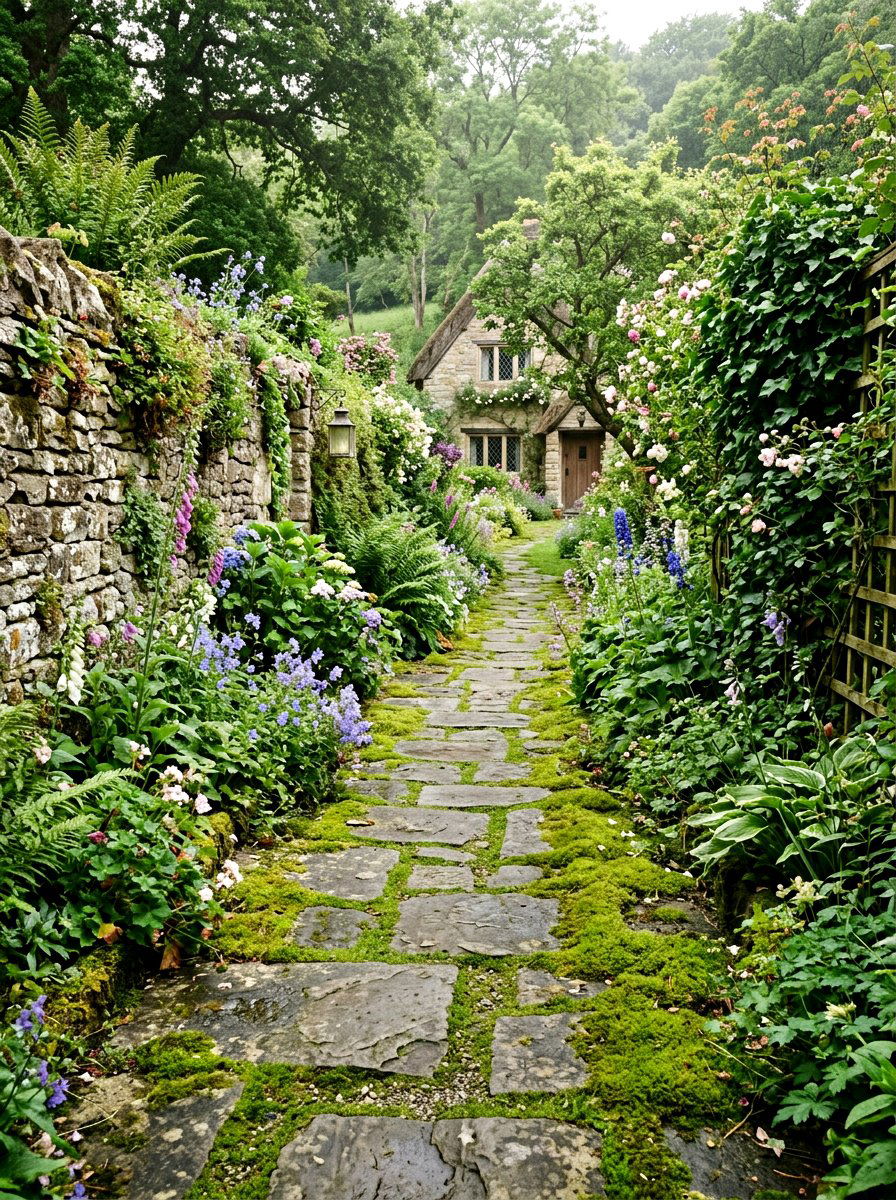 Moss and stone walkway - 30 narrow side yard path ideas