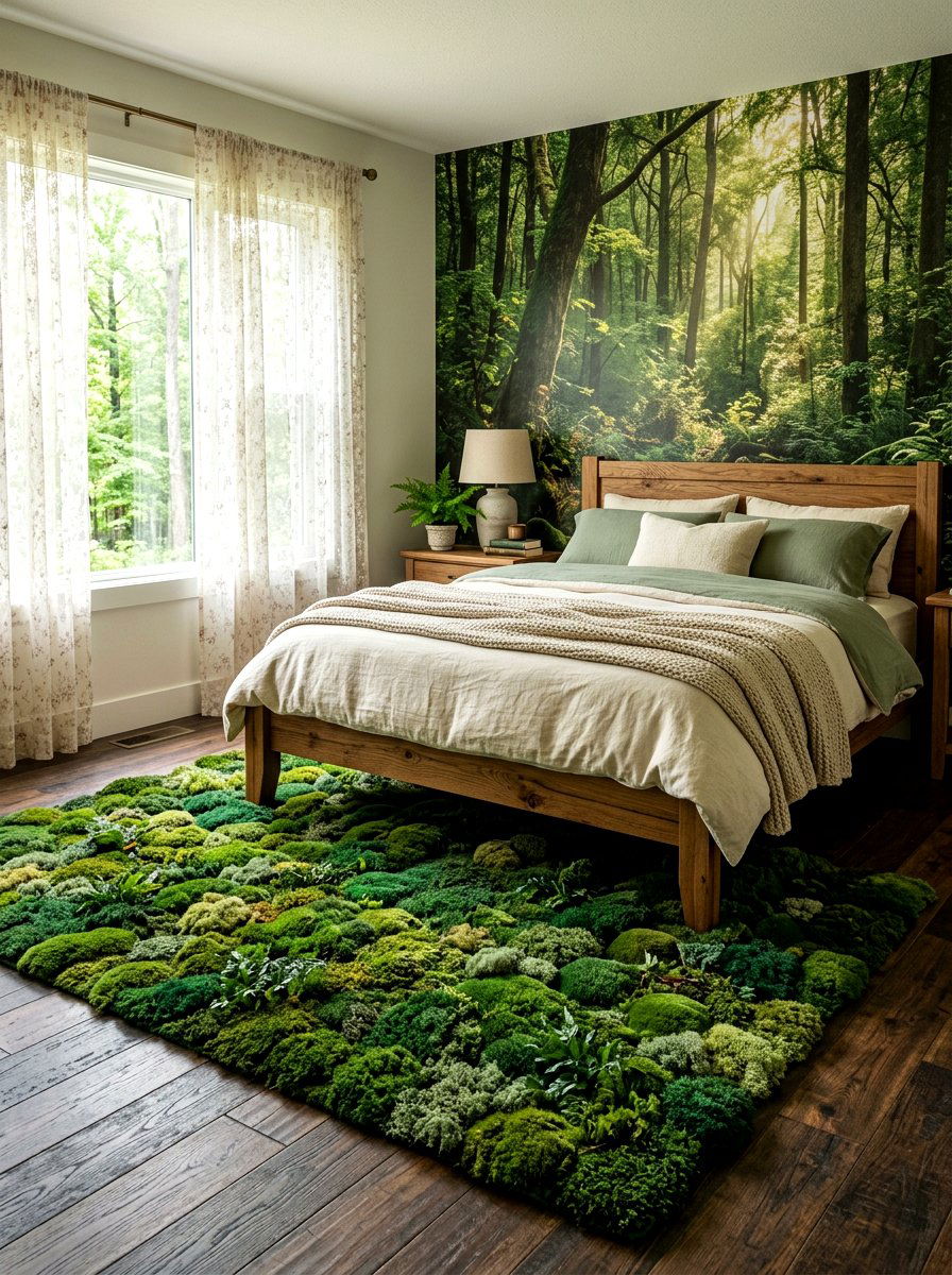 Moss floor rug - 30 fairycore bedroom ideas