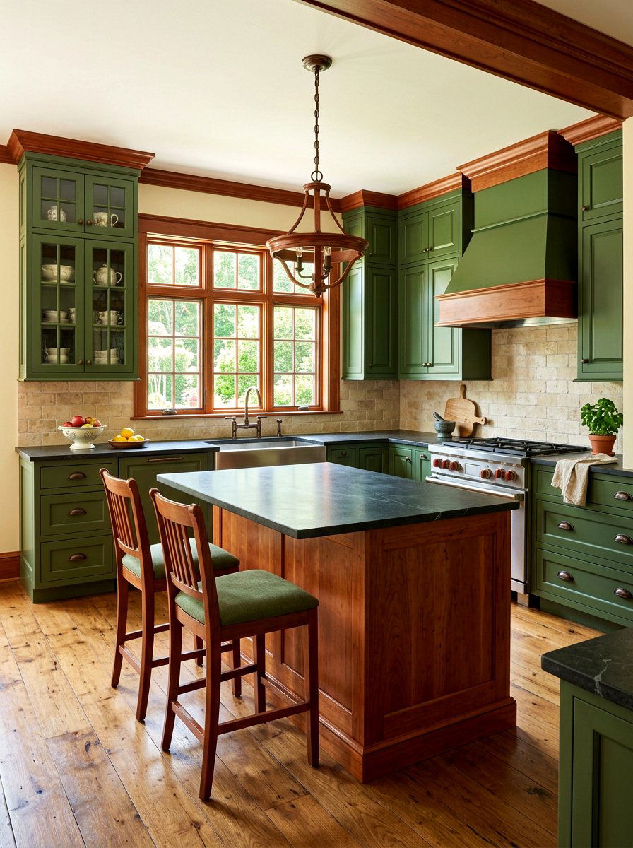 Moss green and cherry wood kitchen - 30 green and wood kitchen ideas