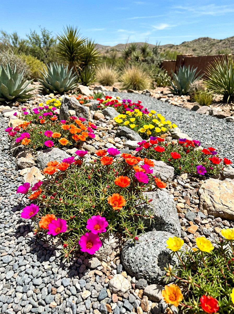 Moss rose rock garden - 30 annual flower border ideas