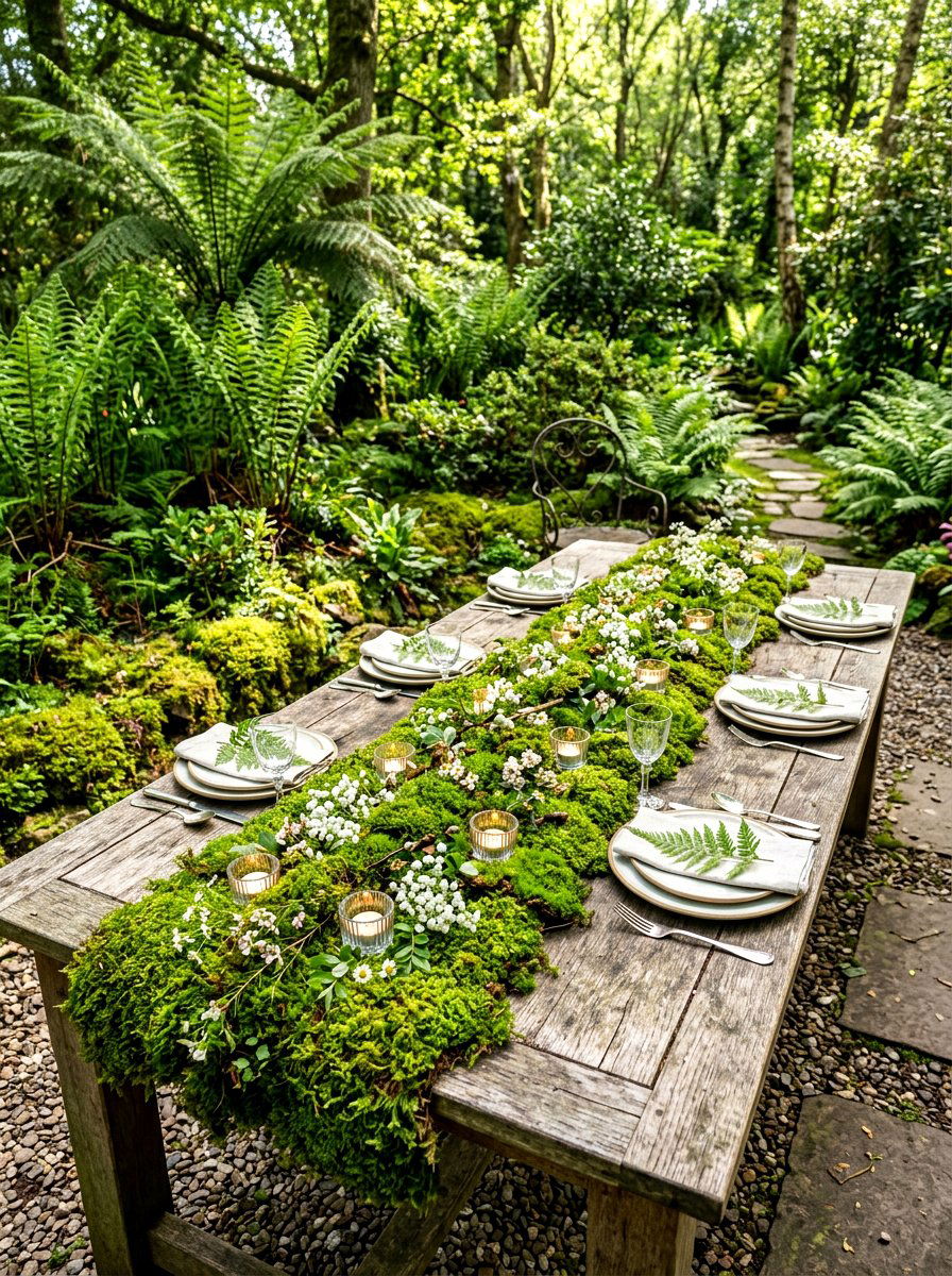 Moss table runner - 30 garden baby shower table ideas