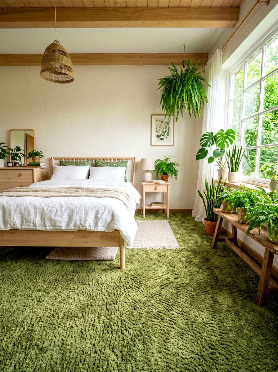 Mossy Green Carpet - 30 mushroom bedroom ideas
