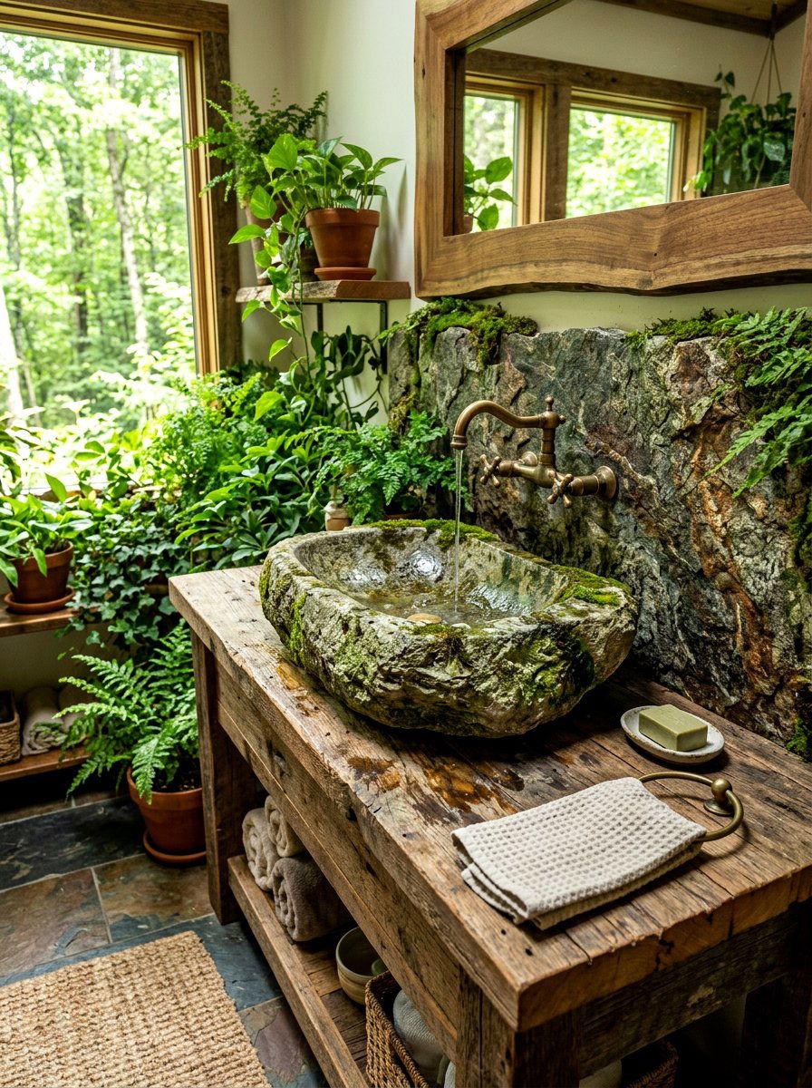 Mossy Stone Sink - 30 fairycore bathroom ideas