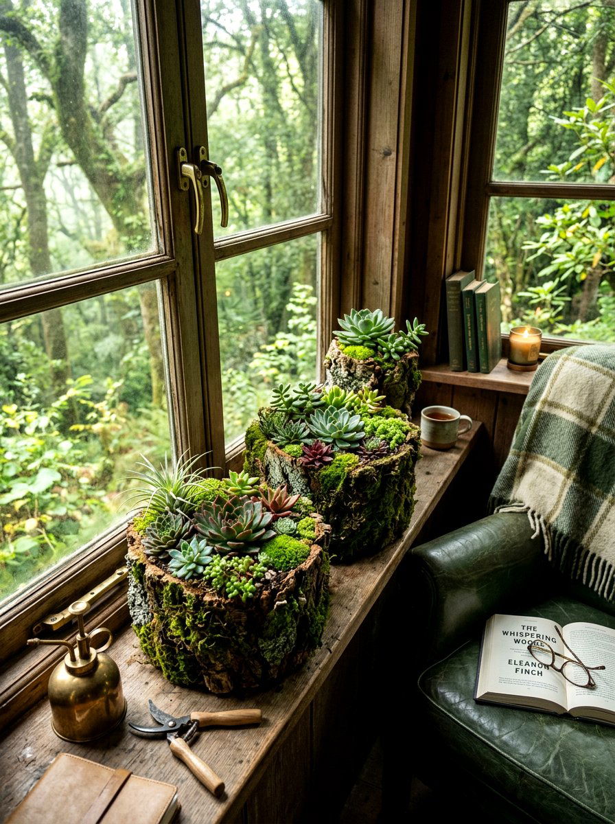 Mossy bark containers - 30 succulent windowsill ideas