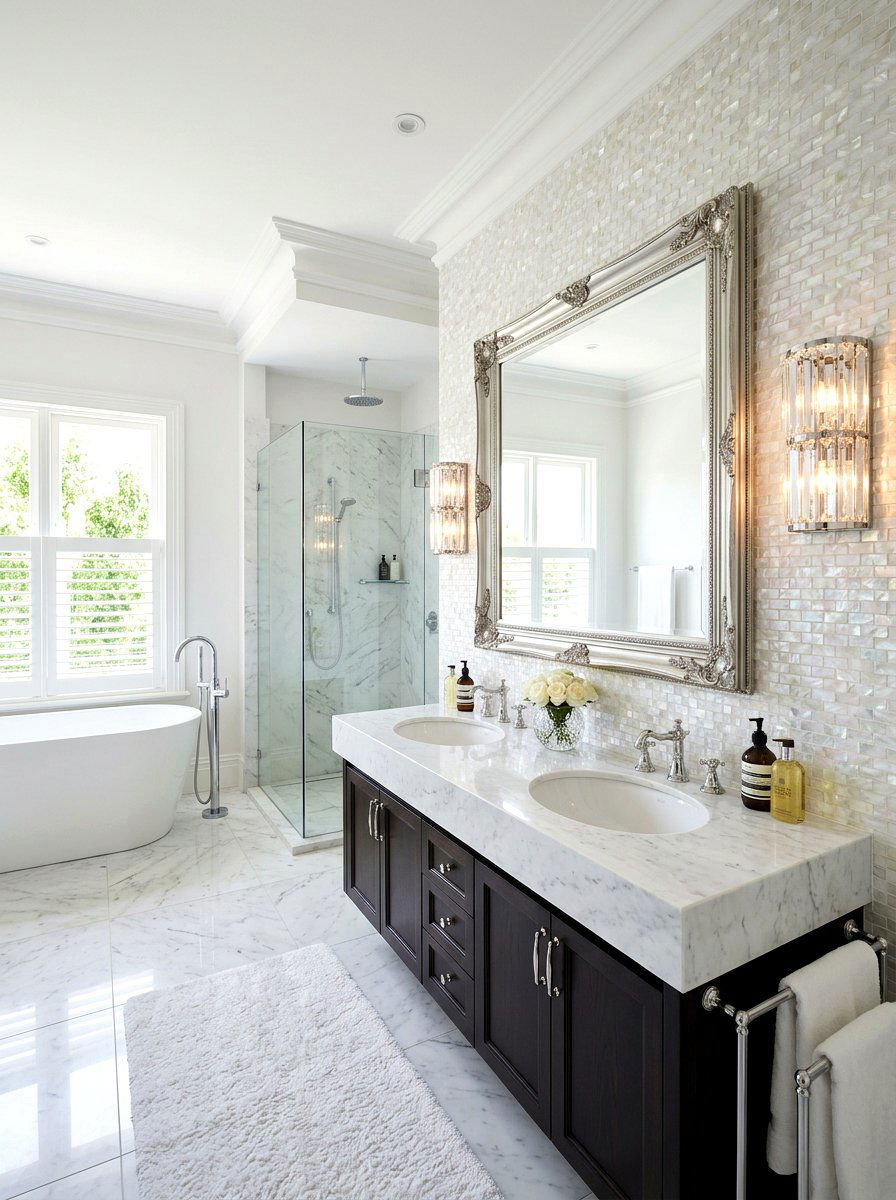 Mother of Pearl White Grout - 30 light grout bathroom ideas