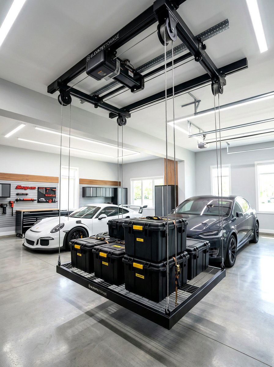 Motorized Ceiling Rack - 30 organizing a garage ideas