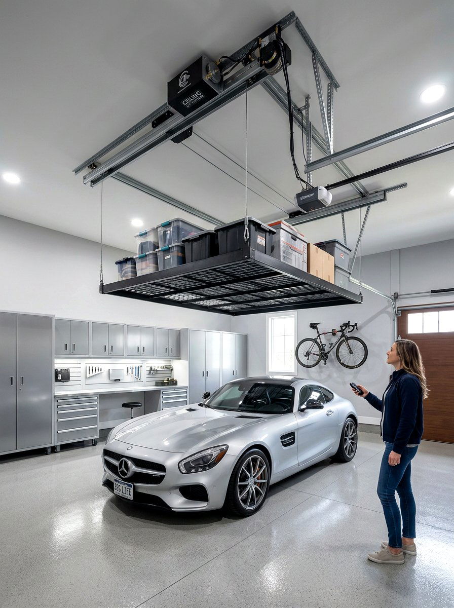 Motorized Ceiling Storage Lift - 30 garage overhead rack ideas