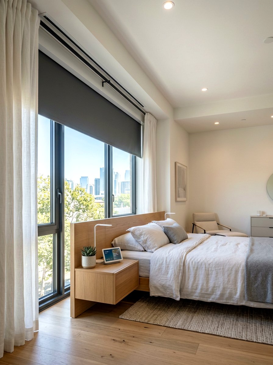 Motorized blackout shades with linen curtains - 30 bedroom curtain layering ideas