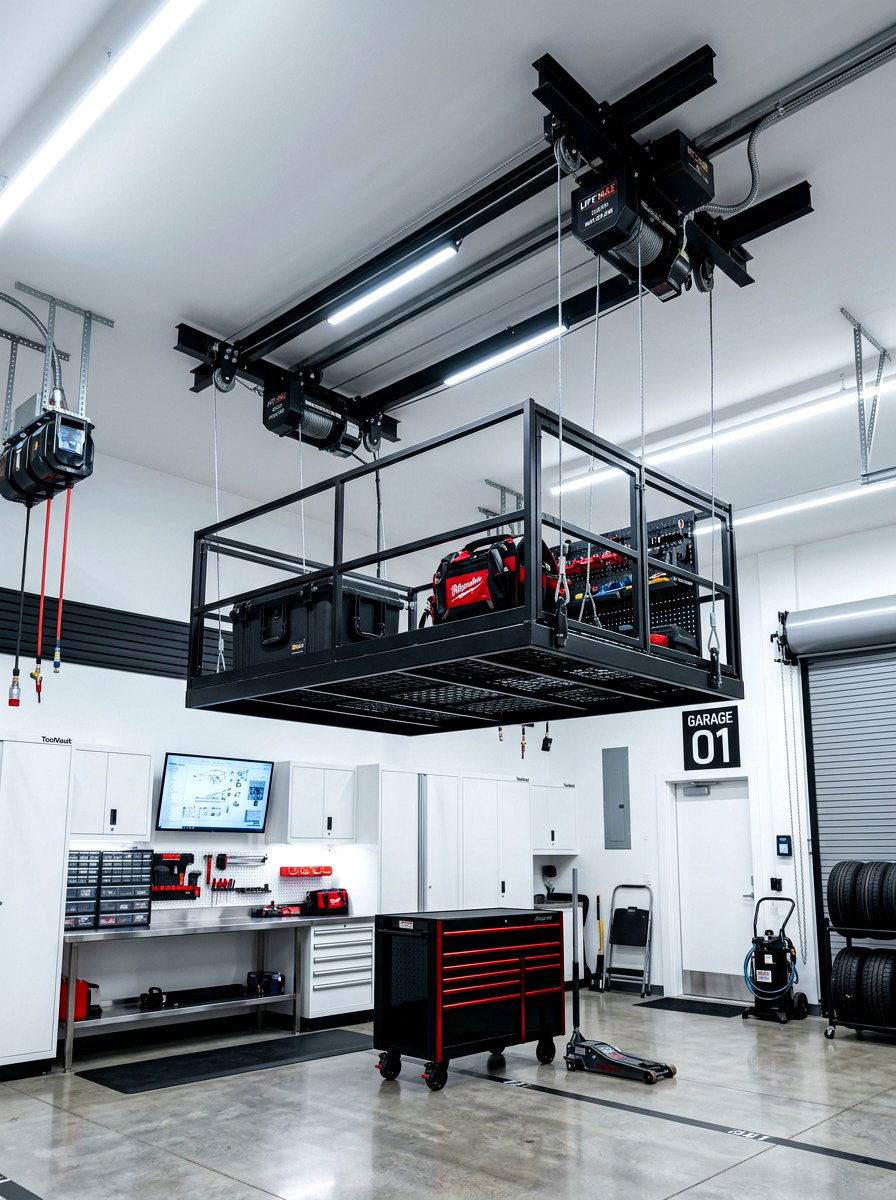 Motorized ceiling lift platform - 30 garage ceiling storage ideas