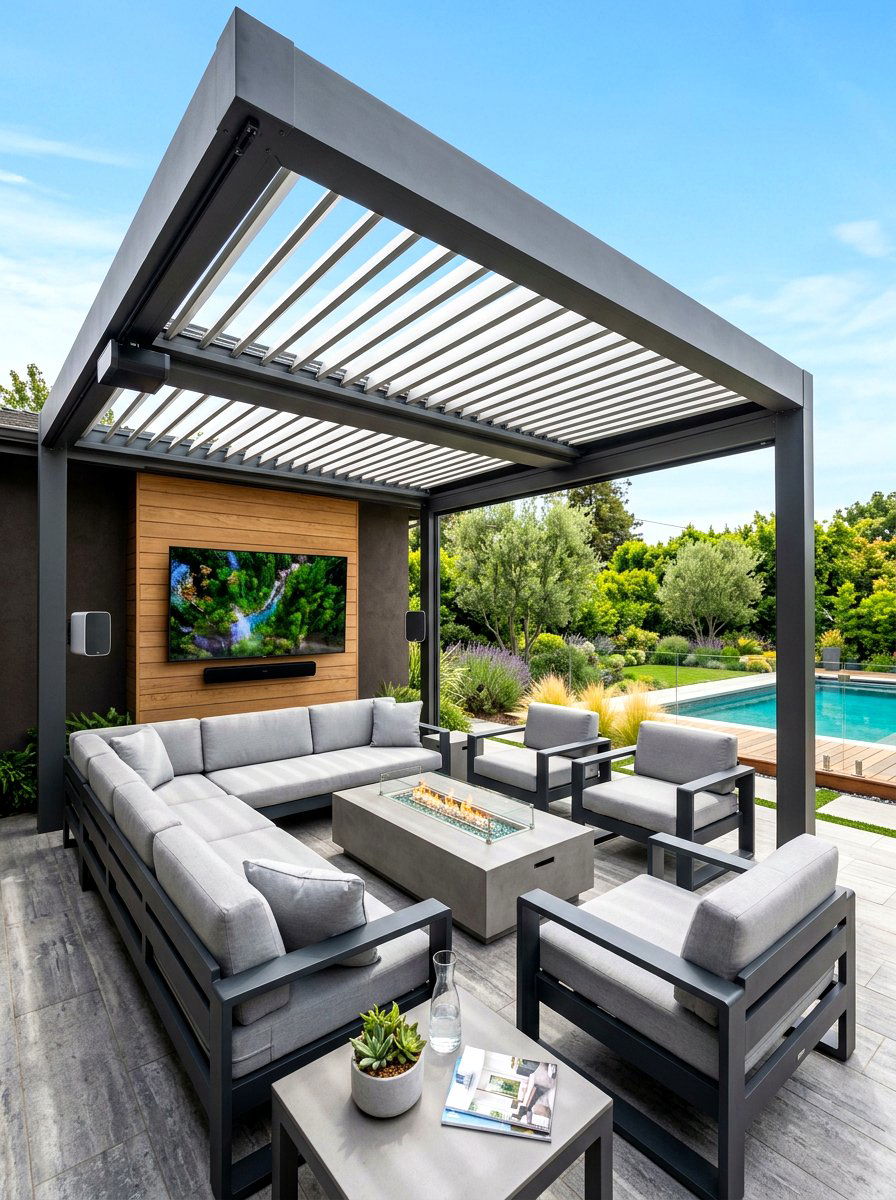 Motorized louvered system - 30 pergola roof ideas