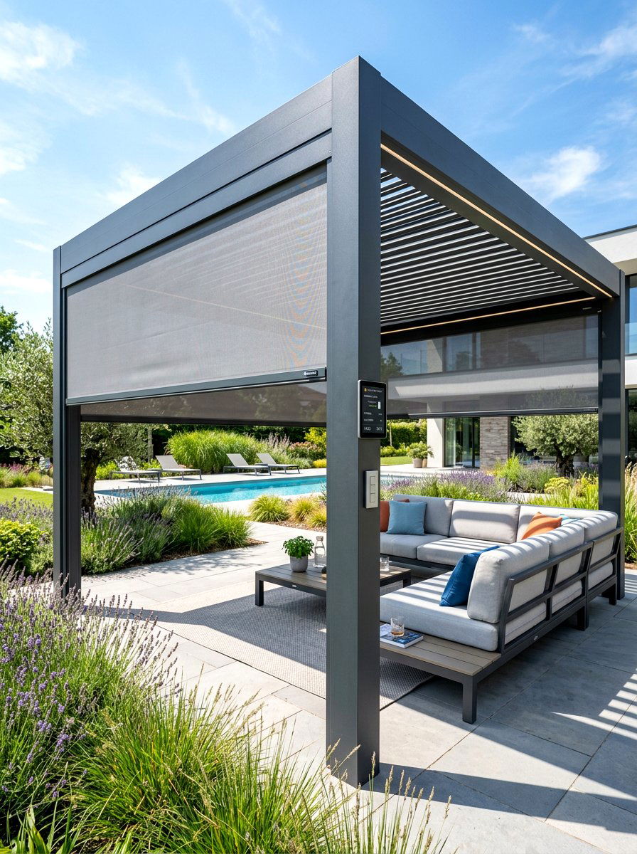 Motorized pergola shade setup - 30 pergola privacy curtain ideas