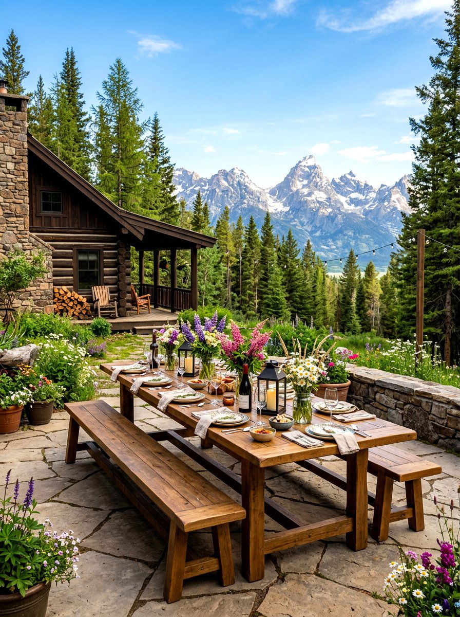 Mountain Cabin Outdoor Dining - 30 mountain cabin patio ideas