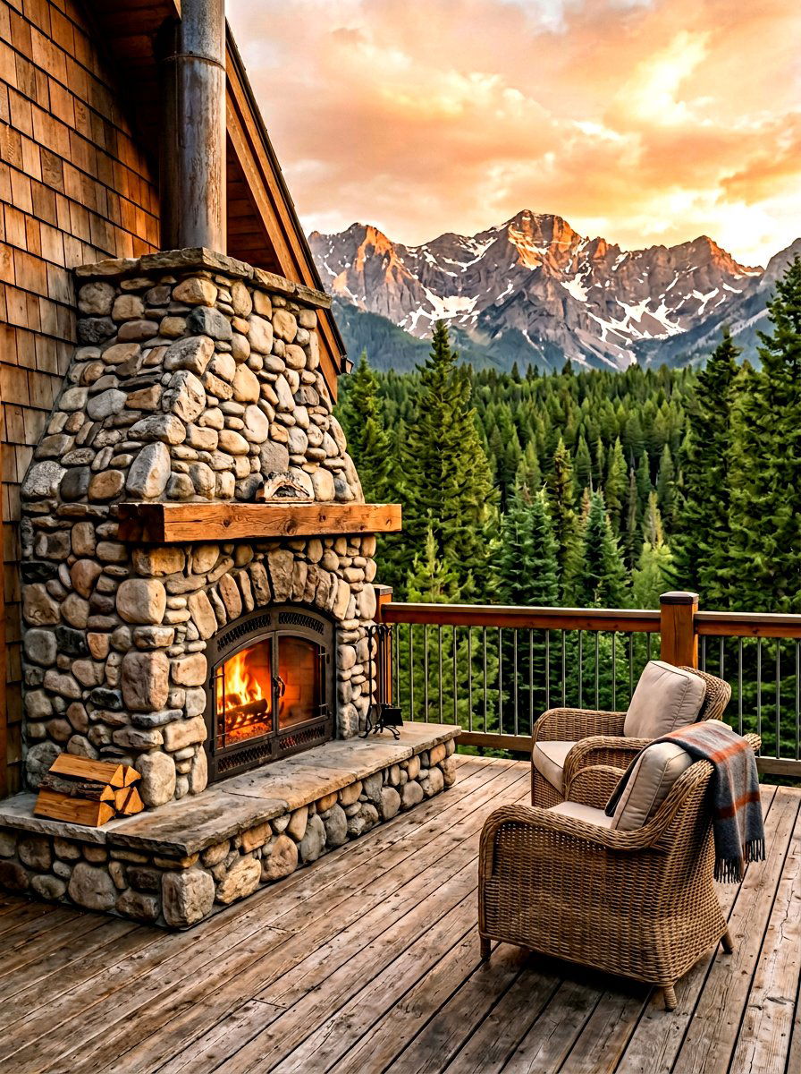 Mountain Cabin Stone Fireplace - 30 mountain cabin patio ideas