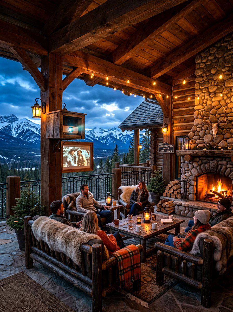 Mountain Lodge Rustic Terrace - 30 outdoor movie patio ideas
