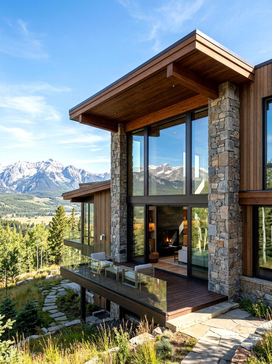 Mountain Modern Glass Wood And Stone - 30 stone and wood exterior ideas