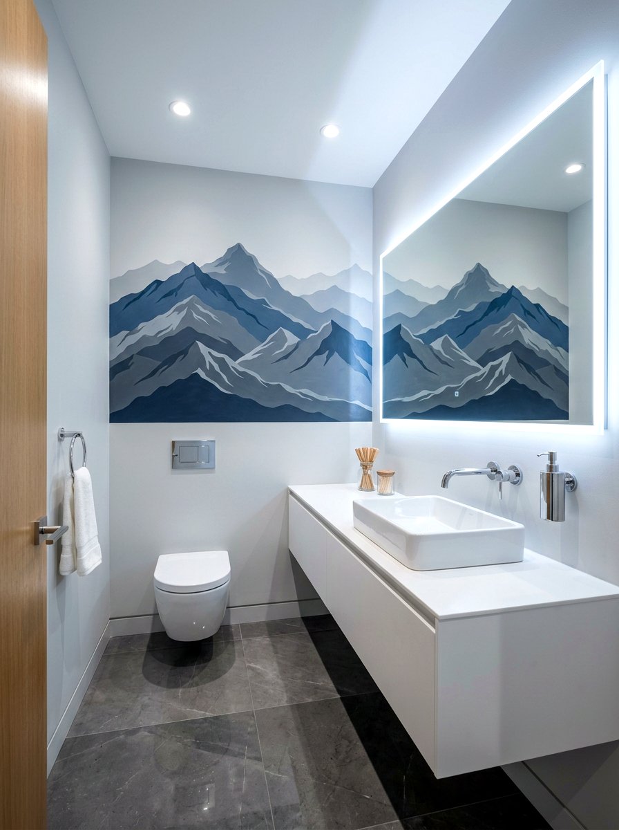 Mountain Range Mural - 30 landscape mural powder room ideas