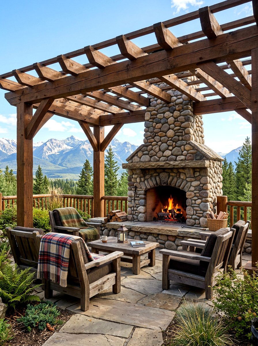 Mountain Style Pergola River Rock Fireplace - 30 pergola with fireplace ideas