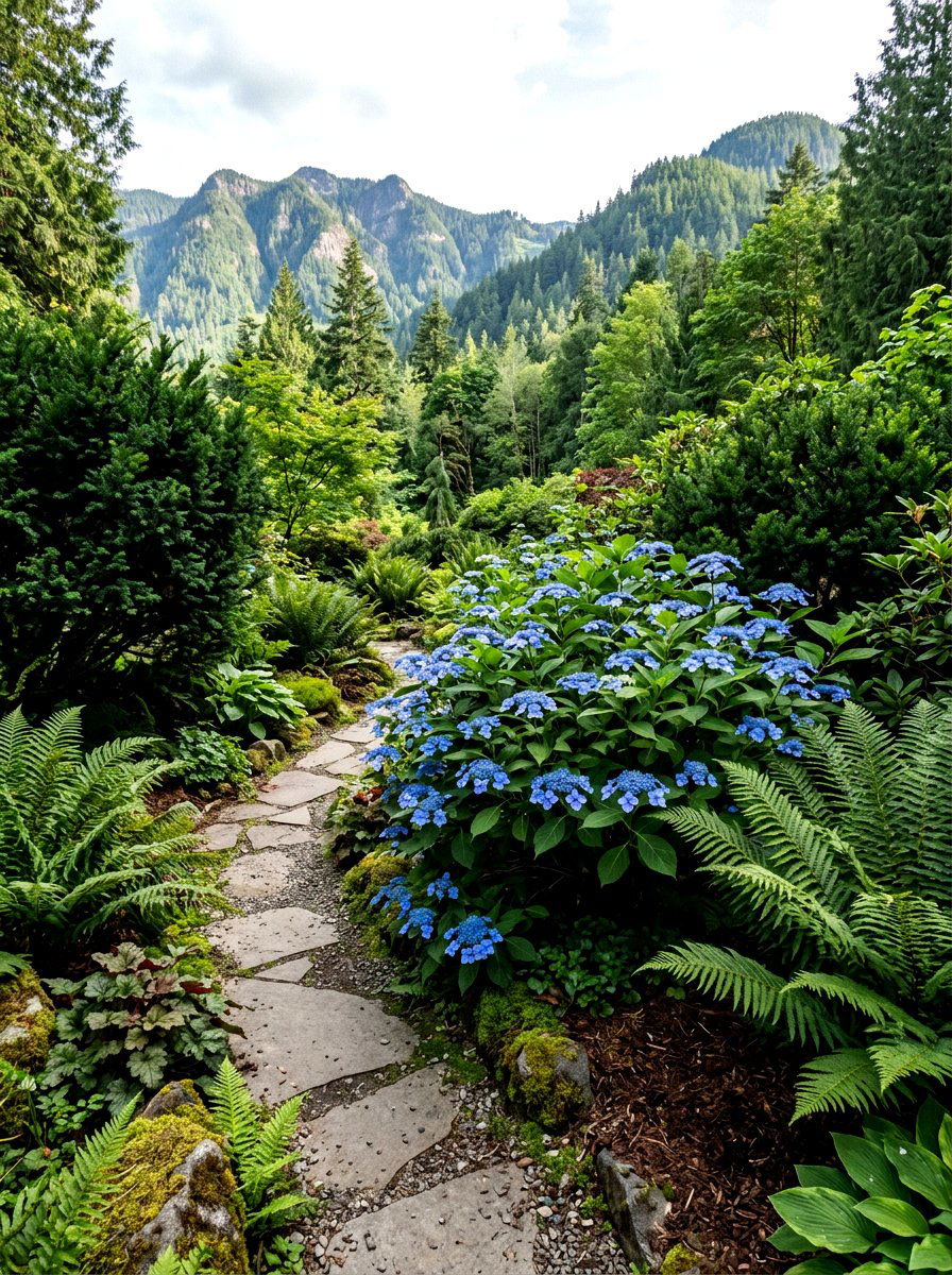 Mountain hydrangea and fern evergreen mix - 30 evergreen and hydrangea landscape ideas