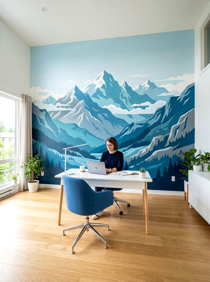 Mountain mural office wall - 30 office accent wall ideas