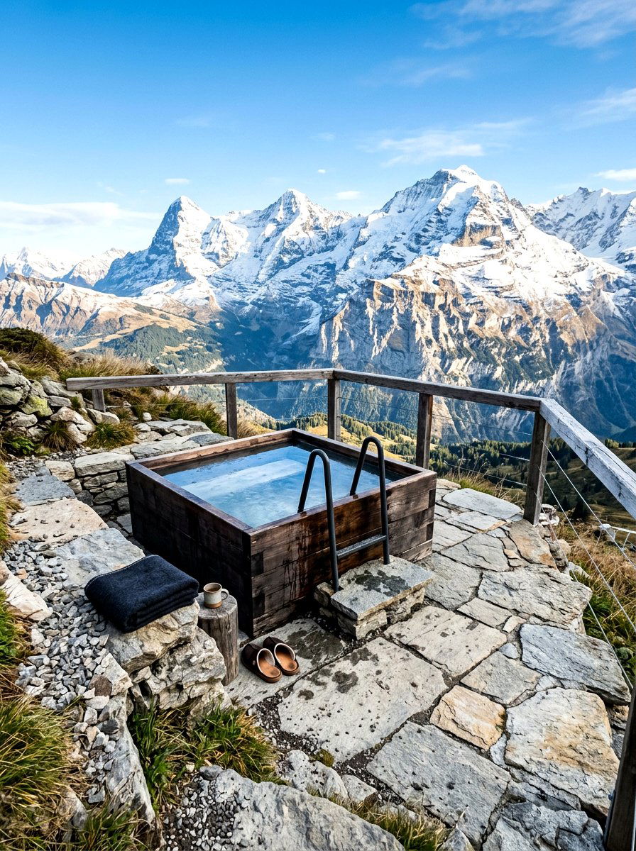 Mountain view cold bath - 30 cold plunge bath ideas