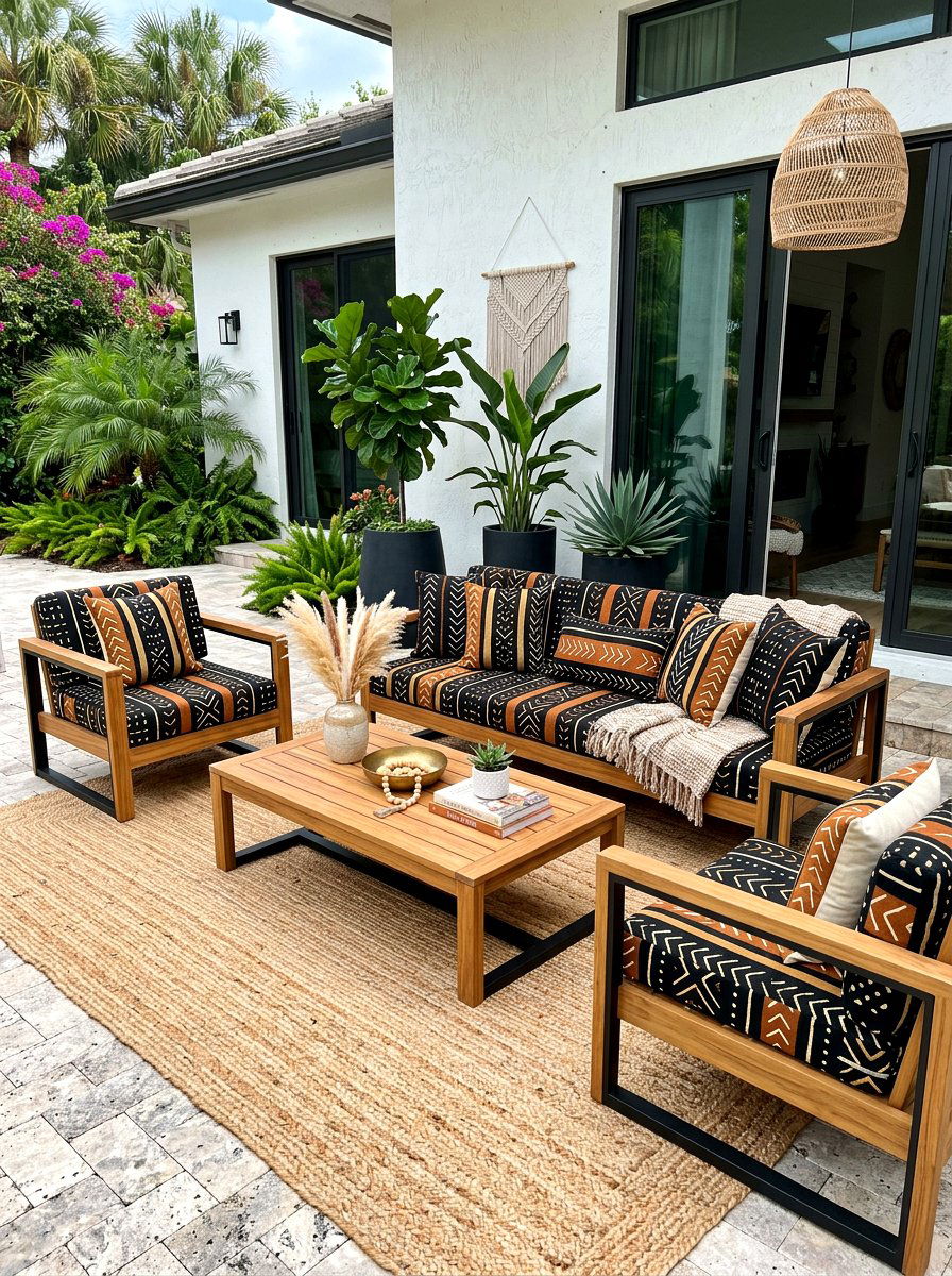 Mudcloth print cushion - 30 boho patio cushion ideas