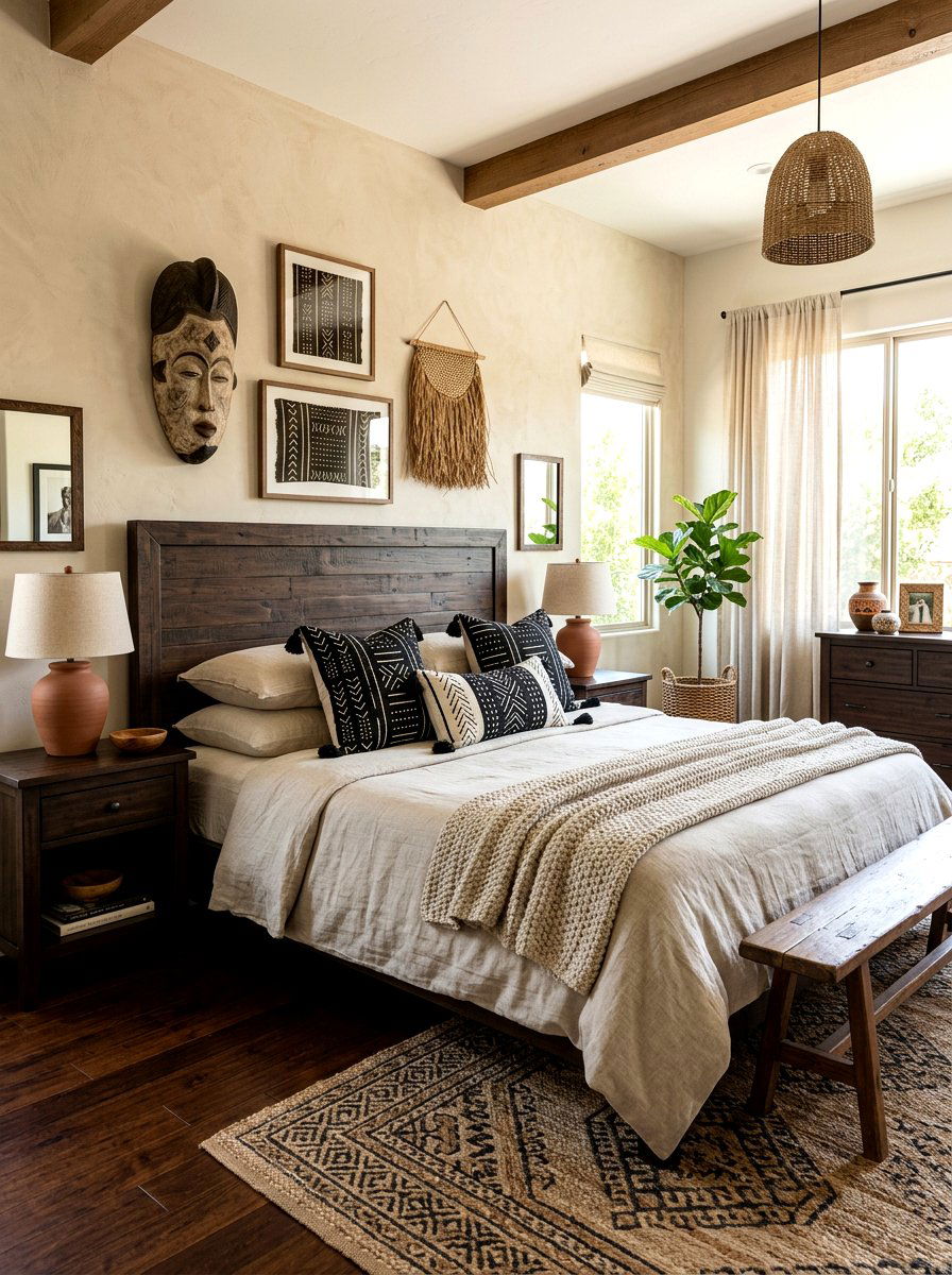 Mudcloth throw pillows - 30 earthy bedroom ideas