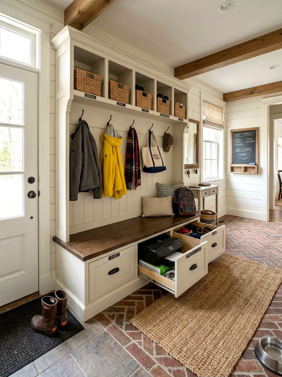 Mudroom Bench Printer Storage - 30 hidden printer cabinet ideas