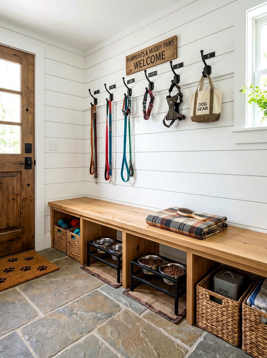 Mudroom Bench With Dog Bowls - 30 mudroom pet feeding ideas