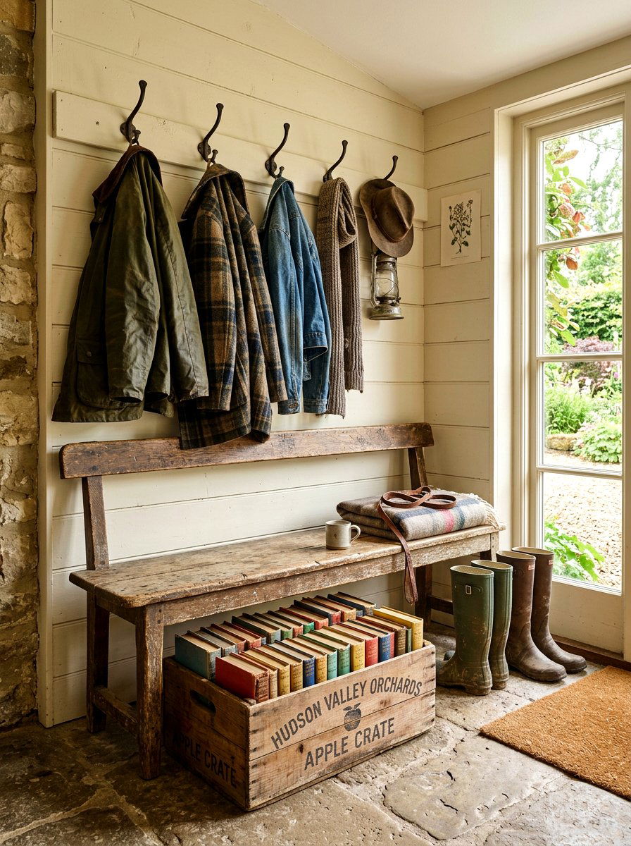 Mudroom Bench With Rustic Vintage Book Crate - 30 vintage book decor ideas