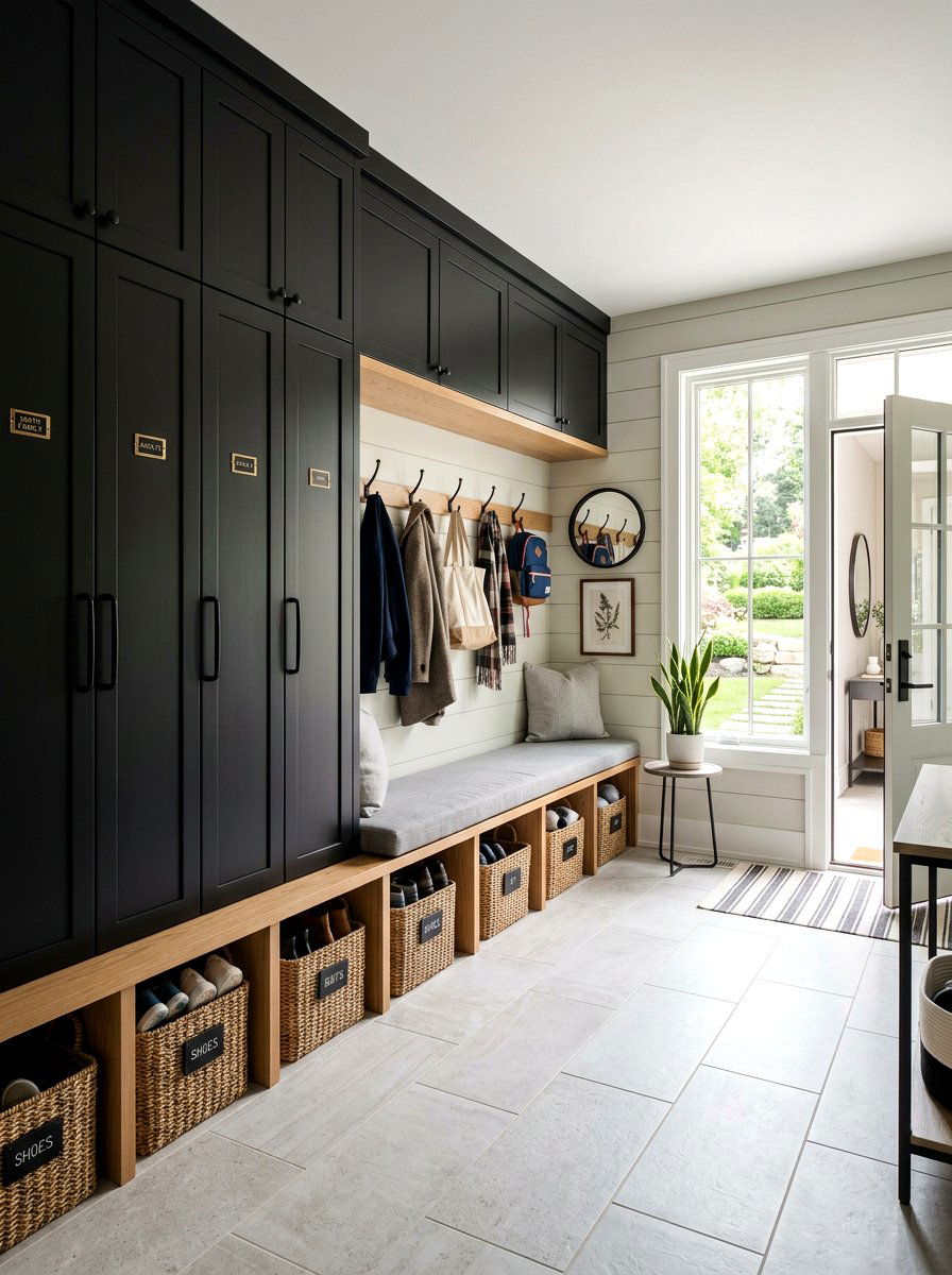 Mudroom Black Lockers Wood Bench - 30 black and wood decor ideas