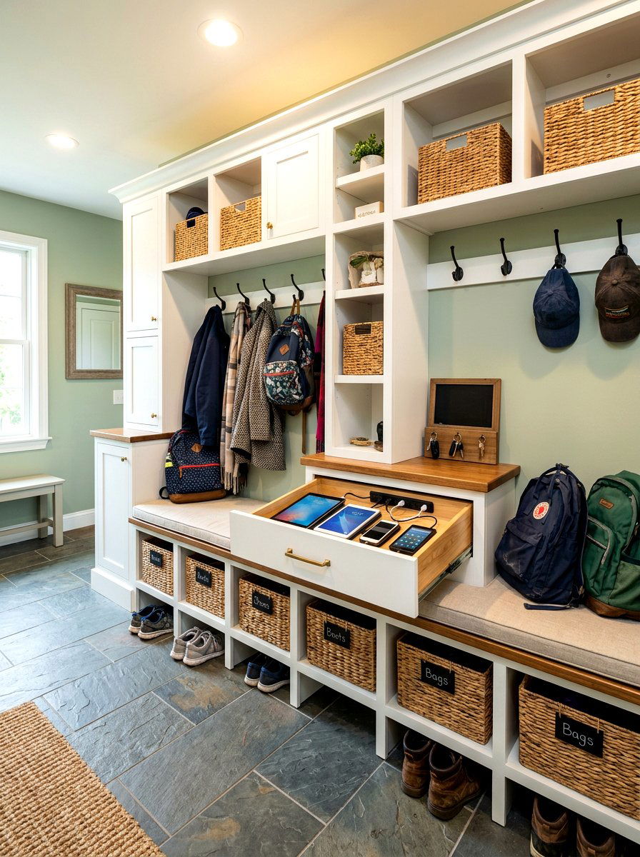 Mudroom Charging Drawer - 30 hidden charging drawer ideas