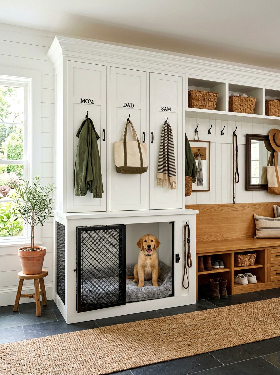 Mudroom Dog Crate - 30 entryway pet station ideas